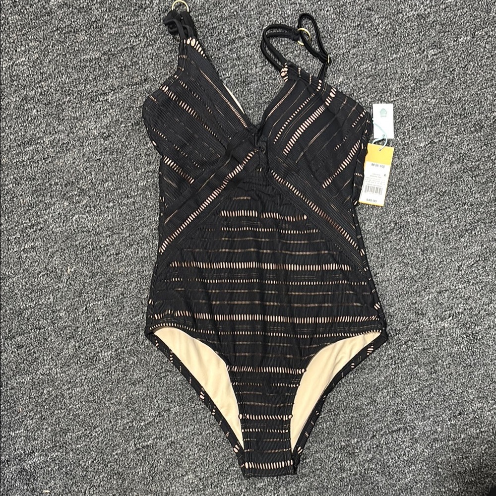 Kona Sol Black and Cream One Piece with Sheer Mesh Stripes